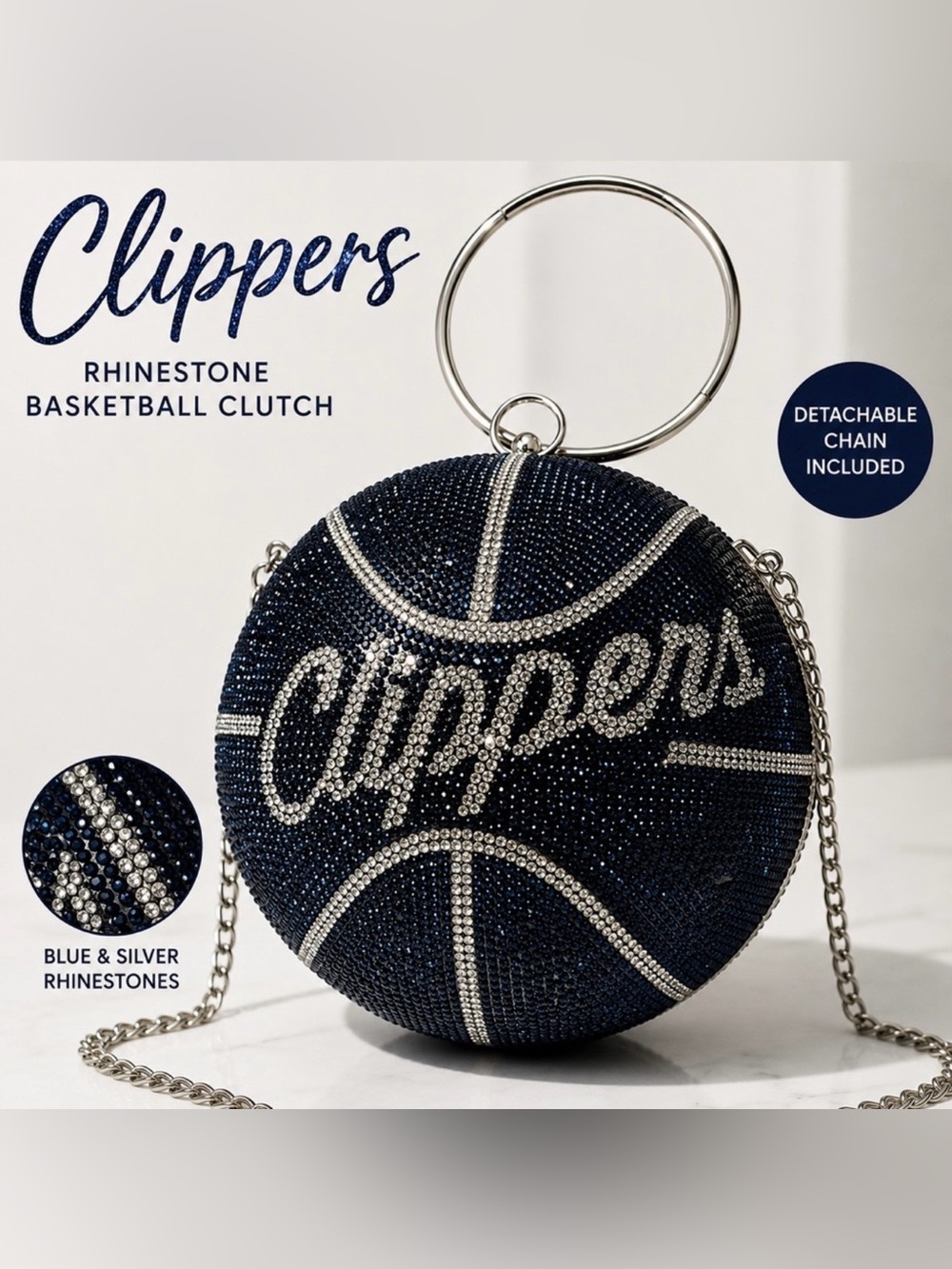 NEW! LA Clippers Crystal Rhinestone Basketball Minaudière Clutch Navy & Silver